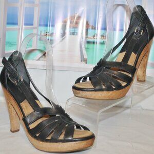 Michael Kors Strappy Leather Platform Sandals Shoes w Wood Heels